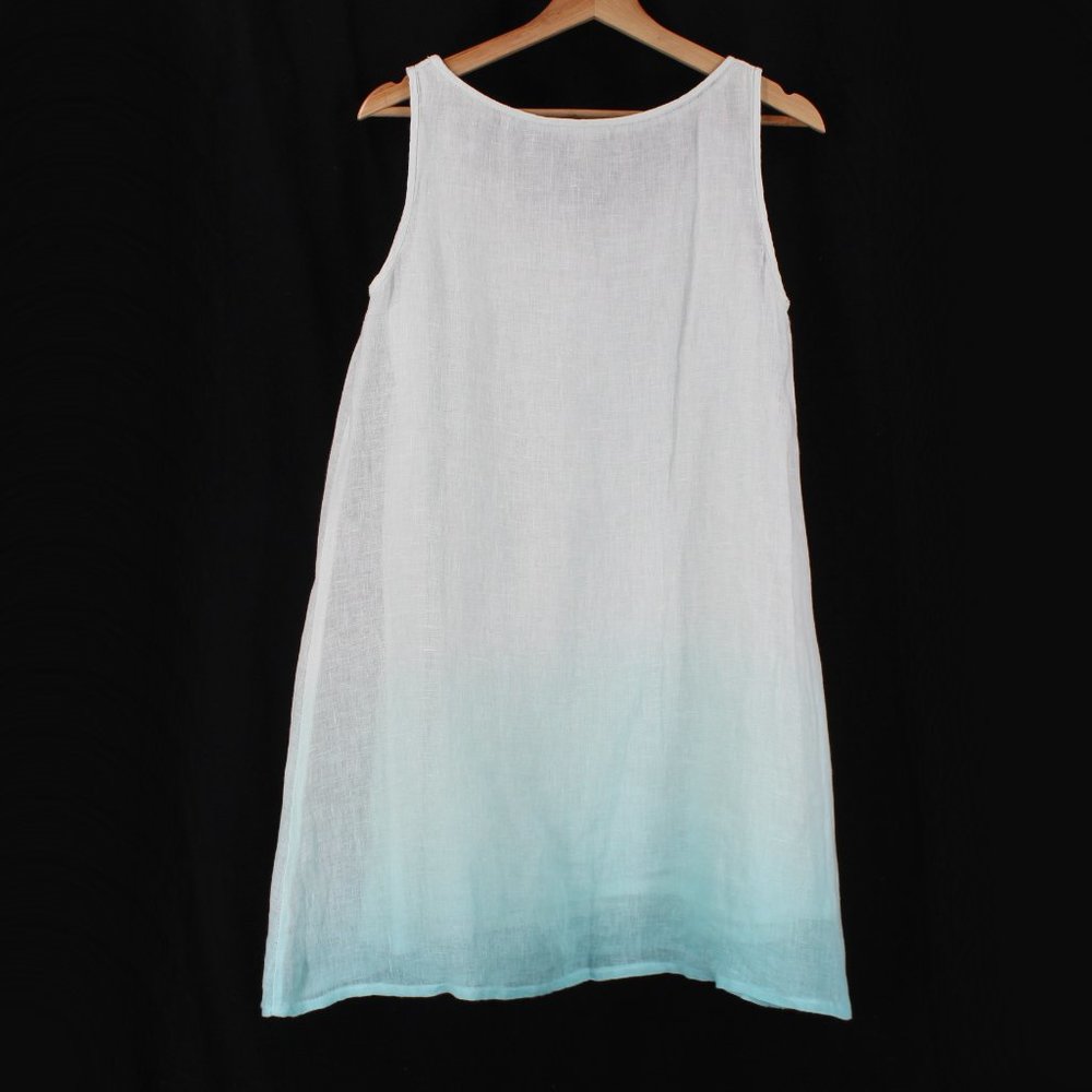 Eileen Fisher Linen Gauze Dress Aqua Blue Ombre A Line Layered Slip Included P - Picture 9 of 15